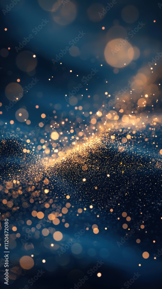 Poster mesmerizing display of golden bokeh lights shimmering against deep blue background, creating magical