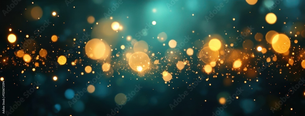 Poster abstract bokeh background with gold sparkles and soft focus teal design