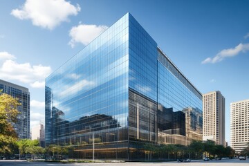 Obraz premium High-rise office building with mirrored glass, reflecting the skyline around it