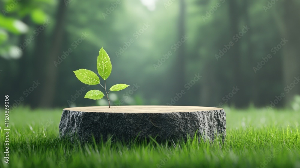 Poster a sprout emerging from a tree stump in a serene forest setting.