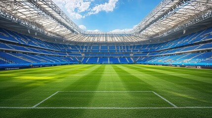 A spacious sports stadium with a well-maintained grass field and bright blue seating.