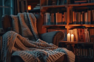 Vintage armchair with wool blanket beside a bookshelf with candlelight glow