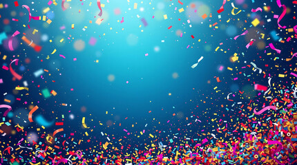 Explosion of colorful confetti and streamers against a vibrant blue background, perfect for party invitations, festive designs, or celebratory backgrounds.