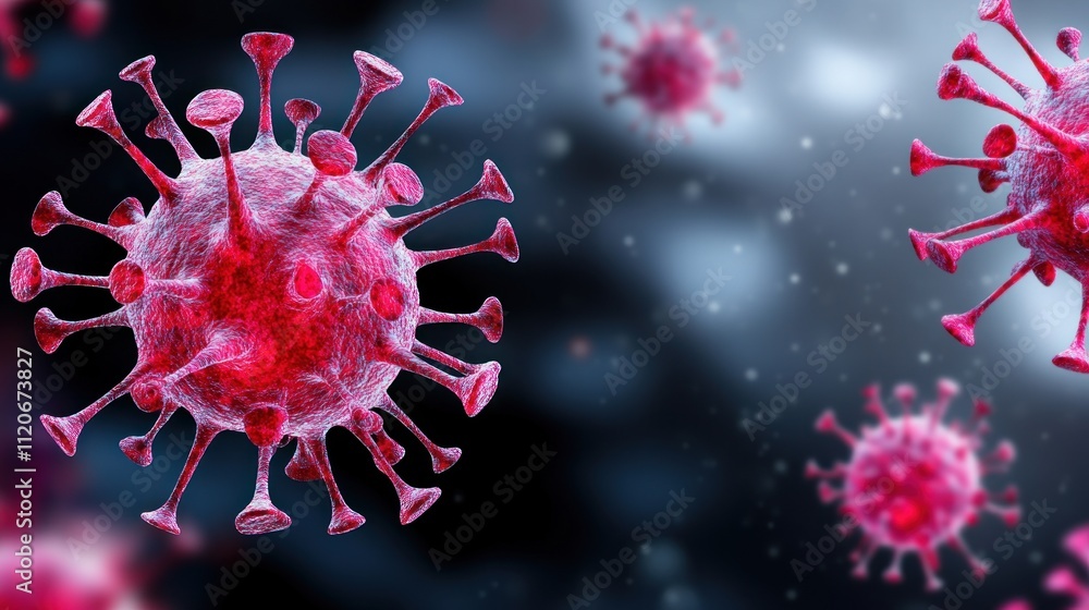 Poster microscopic view of a virus, illustrating its structure and features.