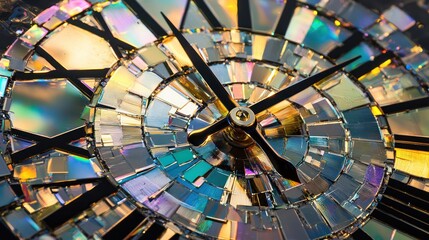 backdrop by gluing reflective CD pieces to cardboard, forming a mosaic countdown clock