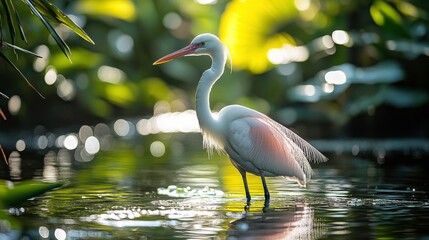 Naklejka premium Elegant White Bird Standing Gracefully in a Tranquil Pond Surrounded by Lush Greenery, Soft Sunlight Glimmering on Water Surface