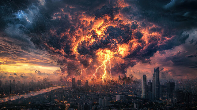 The image showcases a dramatic scene of a city engulfed in tumultuous weather. A massive storm cloud dominates the sky, illuminated by fiery orange and yellow hues, suggesting an explosive or catastro
