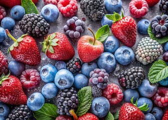 blueberries, raspberries, blackberries, and strawberries, evoking a refreshing essence in architectural and culinary food design photography.