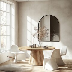 Minimalist Scandinavian Interior Scene Round Wooden Table Modern Chairs Natural Light Decor
