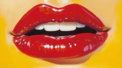 Obraz premium Close-up of vibrant, glossy red lips against a bright yellow background, emphasizing bold color and texture. Modern and striking. 