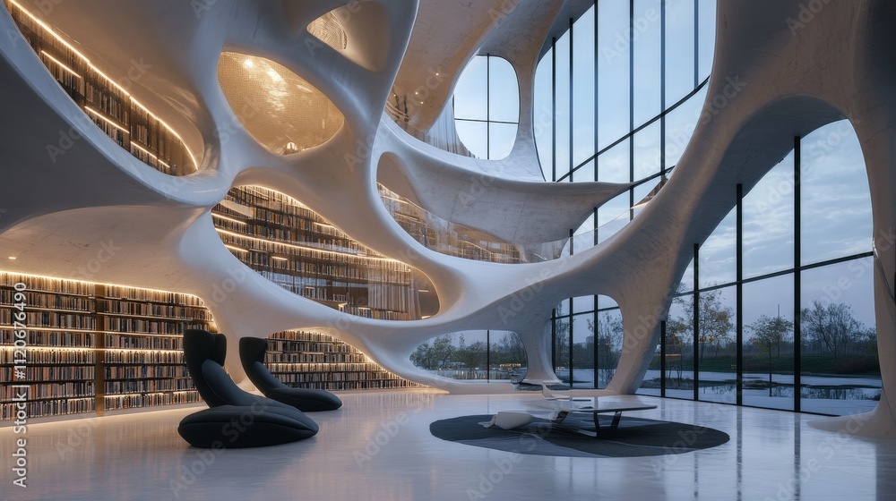 Poster modern library with large windows, open spaces, and sleek architectural lines