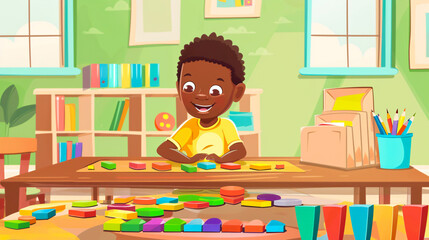 Montessori material: African American boy playing an educational color game near a cheerful teacher, kids.