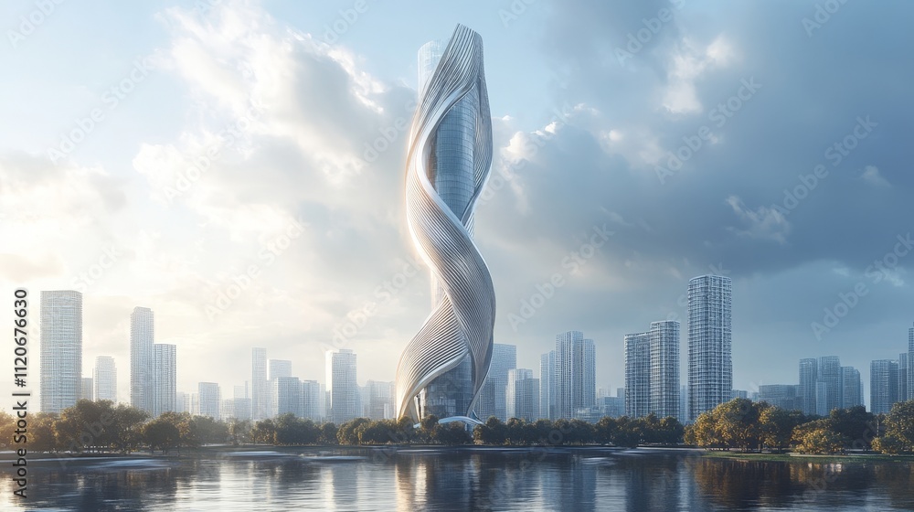 Poster modern skyscraper with a twisted design, symbolizing innovation in urban architecture