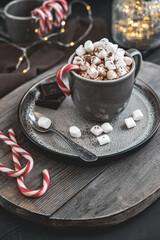 Mug with hot chocolate, marshmallows and candy cane