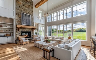 Spacious living room with stone fireplace, large windows, and hardwood floors.