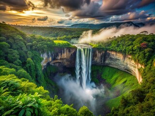 Breathtaking low light images reveal the captivating allure of Kaieteur Falls, immersed in the vibrant jungle of Guyana’s rainforest paradise, where nature thrives harmoniously.