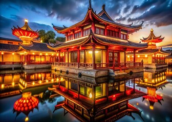 Naklejka premium Breathtaking night photography of a traditional Chinese temple showcases illuminated roofs and lanterns, creating a serene reflection in the water—an enchanting glimpse into cultural heritage.