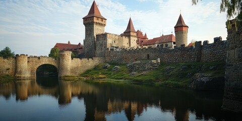 Fototapeta premium Old European castle with stone walls, towers, and an expansive moat
