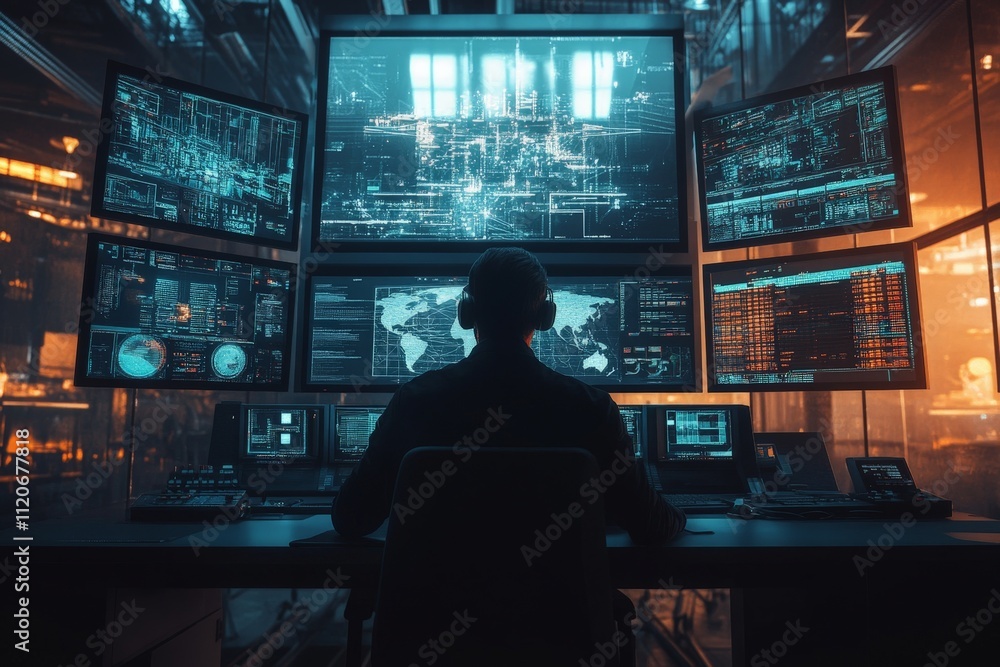 Poster operator controlling machinery in a control room with multiple screens