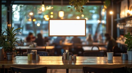 Cozy Cafe Scene with Empty Advertisement Board and Warm Lighting