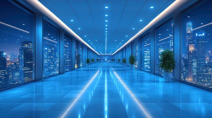 Obraz premium Sleek modern hallway with city skyline view at night.