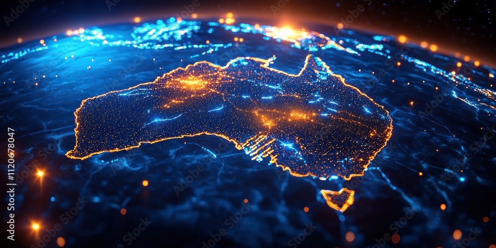 Aufkleber glowing network map of australia with neon lights and cyberpunk style
