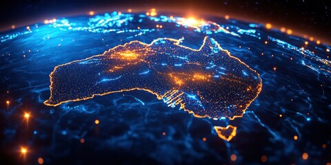 Glowing Network Map of Australia with Neon Lights and Cyberpunk Style
