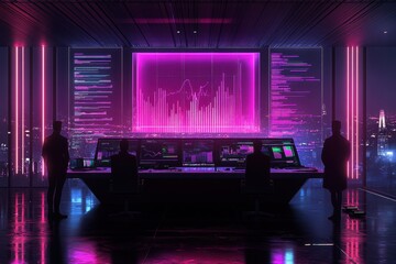 Analyzing data trends in a futuristic control room urban cityscape digital art neon environment night viewpoint