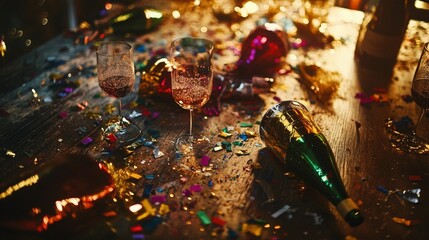 Party hats, confetti, and festive glasses scattered on a table, capturing the aftermath of a New Year Eve party