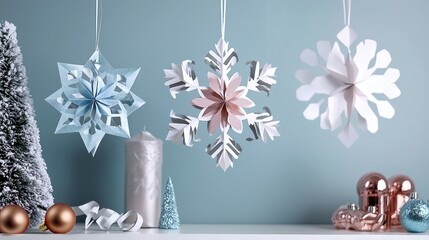 Paper snowflakes in metallic shades with elegant cutouts, suitable for wall decorations or hanging from ceilings