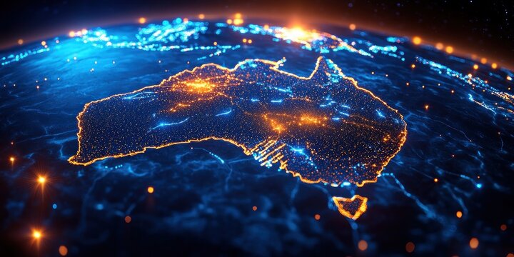 Glowing Network Map of Australia with Neon Lights and Cyberpunk Style - Powered by Adobe