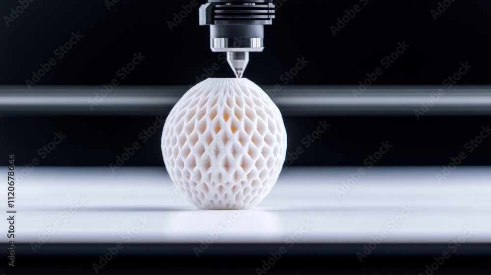 Poster 3d printer creating a honeycomb-patterned spherical object.