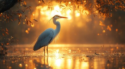 Majestic Great Egret Standing Gracefully in Shimmering Golden Sunrise Over Calm Water with Glowing Reflections and Natural Background