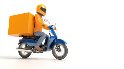 Obraz premium delivery person on blue scooter with large orange box rides against white background