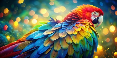 Fototapeta premium Bright parrot feather gradients blend with a bokeh effect, creating a dazzling display of rich colors in nature's palette for breathtaking visual experiences.