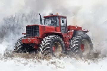 Obraz premium Tractor plowing snowy field in winter agricultural machinery art rural landscape atmospheric view