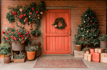 Naklejka premium Christmas tree on the front porch