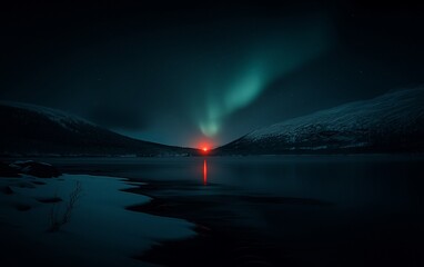 Night landscape with aurora borealis reflected in a frozen lake between snow-covered mountains.