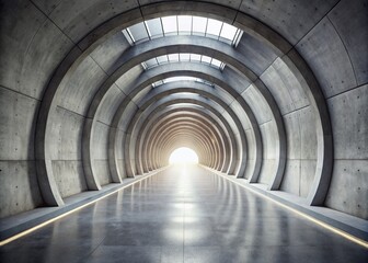 Fototapeta premium Candid photography of a modern concrete tunnel featuring urban architecture, industrial design, minimalist aesthetics, textured surfaces, infrastructure, contemporary style, and geometric patterns.