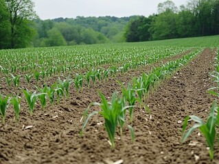 Rows of sprouting corn plants in a large, well-kept field