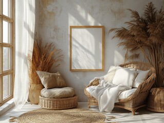 Minimalist Interior Scene with Blank Frame in Scandinavian Design Soft Natural Light Living Room