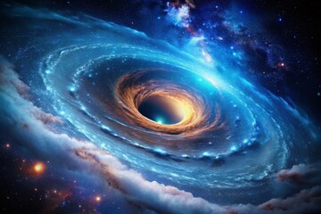 Captivating blue spiral galaxy with a black hole, illustrating the beauty of cosmic landscapes, deep space photography, and celestial wonders in the universe's vast exploration.