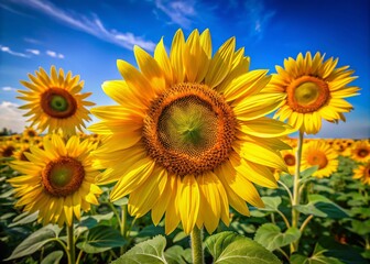 Captivating close-up of sunflowers in full bloom, highlighting their radiant yellow petals, summer’s vibrant palette, and the exquisite beauty of botanical art in nature.
