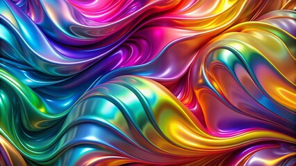 Obraz premium Captivating flowing iridescent wallpaper featuring vibrant rainbow colors and a shiny metallic gloss, perfect for creating stunning backgrounds and eye-catching textures.