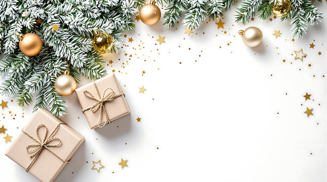 Christmas flat lay with fir branches, gold ornaments, and gifts on a white background, ideal for holiday cards, website banners, or winter promotions.