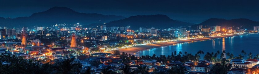 Obraz premium Nighttime coastal cityscape beachfront landscape photography vibrant lights aerial view urban serenity