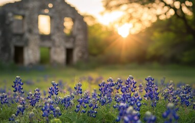 A field of bluebonnets in front of an old stone building with sunset lighting
