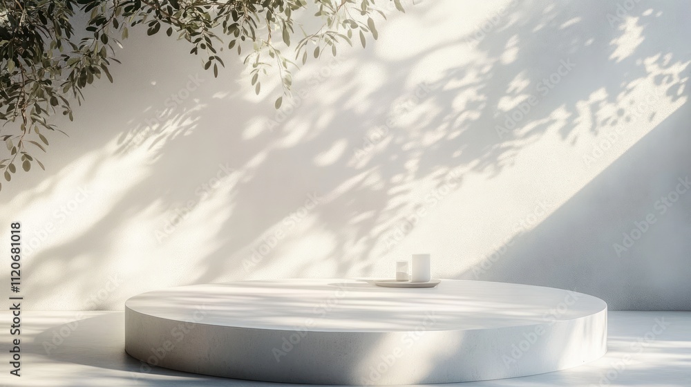 Poster Minimalistic Circular Platform With Soft Dappled Sunlight And Leaf Shadows On White Surface For Organic Cosmetic Beauty Treatment