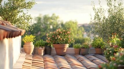 A terracotta pot filled with pink flowers sits on a rooftop garden.