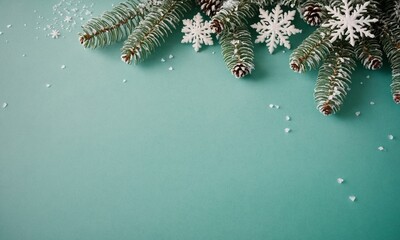  크리스마스와 겨울 분위기 푸른 배경에 눈 덮인 소나무 가지와 흰색 눈송이 장식